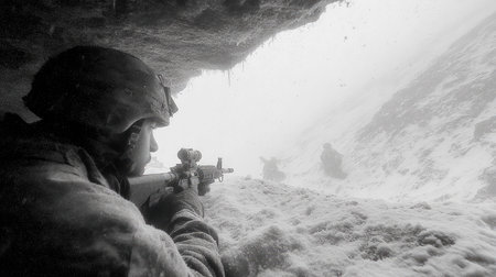 A determined soldier takes aim from a snowy hideout, showcasing focus and bravery in harsh winter conditions. The scene captures the intensity of military tactics and survival.の素材