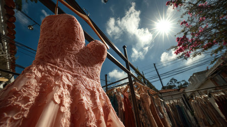 A stunning pink dress adorned with intricate lace hangs gracefully against a backdrop of blue sky and radiant sunlight, capturing a whimsical outdoor scene.の素材