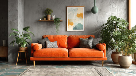 This vibrant living room showcases a stylish orange sofa adorned with decorative pillows, complemented by lush houseplants and modern artwork, creating a cozy atmosphere.の素材