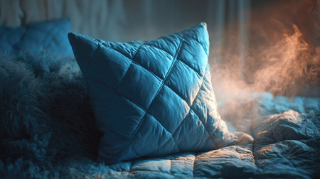 A serene bedroom scene featuring a soft blue pillow on a plush bed, illuminated by warm ambient light, creating a cozy and tranquil atmosphere perfect for relaxation.の素材