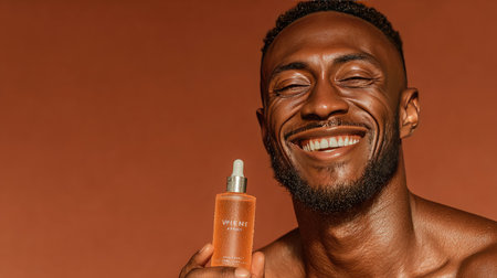 A joyful man showcases a skincare serum against a warm orange backdrop, highlighting the essence of self-care and radiant skin. The close-up captures confidence and beauty.の素材