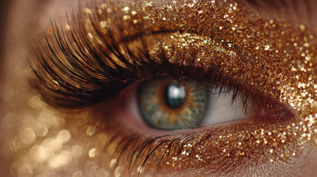 A stunning close-up image showcasing an eye adorned with brilliant gold glitter makeup and long, lush eyelashes, highlighting modern beauty and creativity.の素材