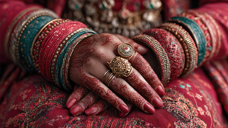 Close-up view of a bride's hands adorned with colorful bangles and intricate mehndi, showcasing the beauty and artistry of traditional Indian wedding attire.の素材