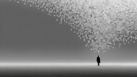 A solitary figure stands amidst a surreal, monochromatic landscape, surrounded by a dynamic cloud of falling paper, evoking thoughts of creativity and solitude.の素材