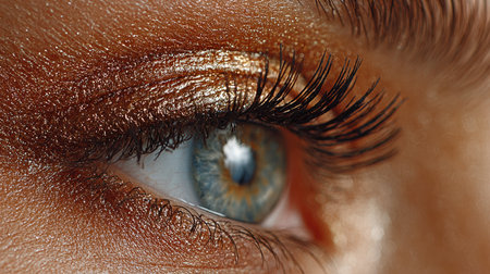 This stunning close-up captures an eye showcasing intricate details of makeup with shimmering gold and rich brown tones, highlighting natural beauty.の素材