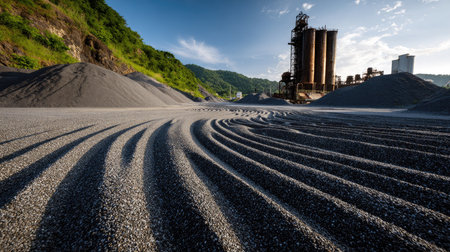 A captivating industrial landscape showcases textured gravel piles in the foreground, with silos standing tall amid lush green hills under a blue sky.の素材