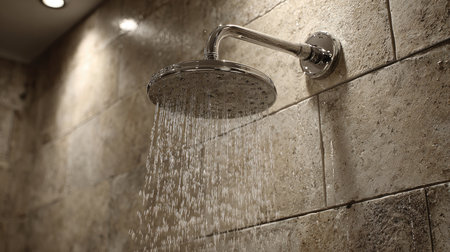 A sleek and modern showerhead provides a refreshing cascade of water in a beautifully designed bathroom. The textured stone wall enhances the elegant ambiance, creating a serene atmosphere ideal for relaxation.の素材