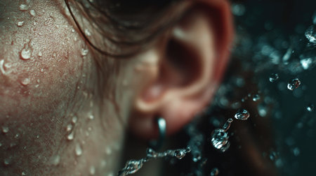 This close-up photograph captures the intricate details of an ear adorned with a simple earring, complemented by water droplets emphasizing skin texture.の素材