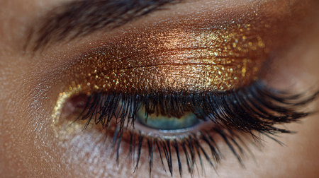 A stunning close-up shot showcasing intricate eye makeup featuring golden and copper glitter, highlighting long eyelashes and vibrant colors.の素材