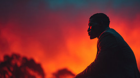 A striking silhouette of a man against a vibrant sunset, featuring dramatic orange and blue hues in the sky, evoking feelings of tranquility and reflection.の素材
