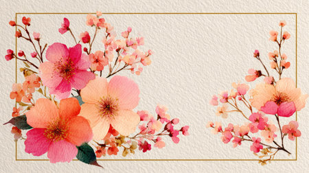 This stunning watercolor floral frame features soft pink and peach blossoms, ideal for adding an elegant touch to various design projects. Perfect for backgrounds.の素材