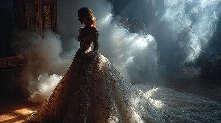 A stunning bride stands elegantly in a detailed bridal gown, surrounded by fog and soft lighting, creating a magical and romantic atmosphere at her wedding.の素材