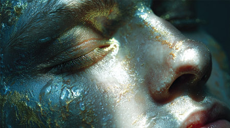 A stunning close-up image showcasing a face adorned with metallic paint and shimmering gold accents. The interplay of light and texture creates an ethereal aesthetic.の素材