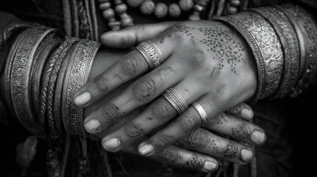 This striking black and white image captures the beauty of hands embellished with exquisite silver jewelry and intricate henna designs, showcasing cultural craftsmanship.の素材