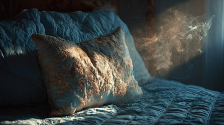 A serene image featuring a soft pillow resting on a cozy bed, illuminated by gentle light and wisps of smoke creating a tranquil atmosphere.の素材