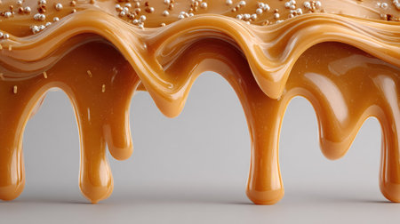 A visually appealing close-up of creamy caramel dripping gracefully, enhanced by decorative sprinkles, creating a beautiful texture and flavor.の素材