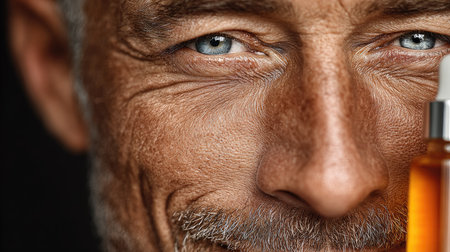 A mature man with captivating blue eyes displays a bottle of skincare oil, highlighting the beauty of natural aging and wellness in a clean, dark setting.の素材