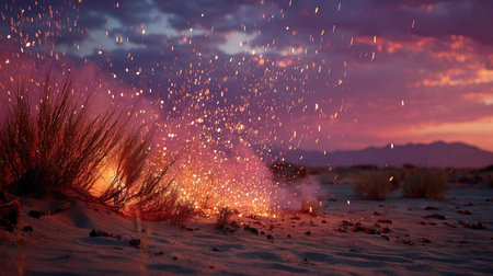 This captivating image showcases sparks and flames erupting from dry grass against a vibrant twilight sky, creating a mesmerizing desert scene.の素材