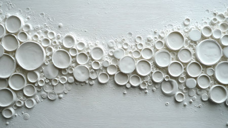 This image features a striking arrangement of white circular forms against a textured surface, offering a contemporary and minimalistic vibe perfect for modern spaces.の素材