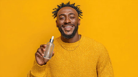 This vibrant image features a joyful man with a beard, smiling widely while holding a serum bottle against a bright yellow background, capturing happiness and self-care.の素材