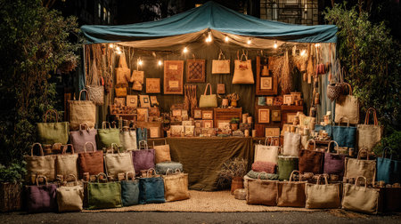 A beautiful artisan market stall showcasing an array of colorful handmade bags and rustic crafts, illuminated by warm evening lights, inviting shoppers and art enthusiasts.の素材