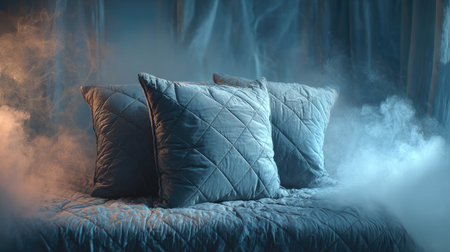 This tranquil bedroom scene features soft blue pillows on a quilted bedspread, surrounded by gentle mist and warm lighting, creating a cozy atmosphere.の素材