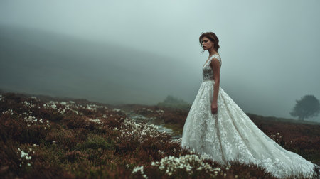 A stunning bride stands gracefully amidst a misty landscape, wearing a flowing white gown adorned with delicate details. The serene atmosphere and wildflowers create a magical scene, perfect for capturing the essence of romance and elegance in nature.の素材