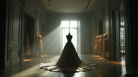 A stunning bridal gown showcased on a mannequin, illuminated by soft rays of light in an elegant fashion studio, creating a magical atmosphere.の素材