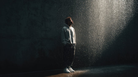 A person stands peacefully under a gentle waterfall in an urban setting, embodying tranquility and introspection as light illuminates the scene dramatically.の素材