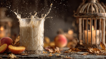A visually captivating splash of beverage in a glass captures the essence of autumn gatherings. Apples and candlelight set a warm, inviting atmosphere.の素材