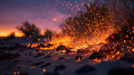 This mesmerizing image captures the glowing sparks of lava erupting from volcanic ash at twilight, illuminating a natural shoreline with vibrant colors.の素材