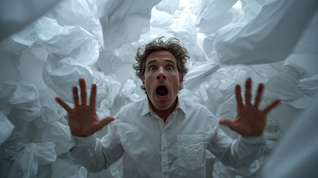 A striking portrayal of a man expressing intense fear and panic within a chaotic environment of crumpled white fabrics, creating a surreal and emotional atmosphere.の素材