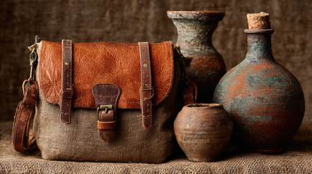 A charming still life composition featuring a vintage leather bag alongside rustic clay pots, set against a textured natural background. The earthy tones and unique textures evoke a sense of warmth and simplicity, perfect for showcasing craftsmanship and style in decorative contexts.の素材