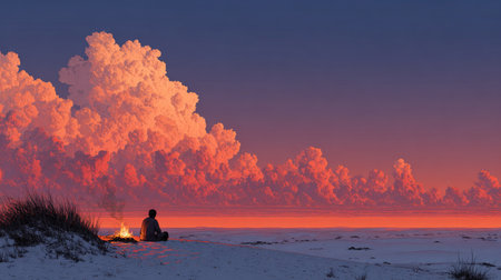 A tranquil scene featuring a solitary figure sitting by a small fire, gazing at a stunning sunset with vibrant clouds in a vast desert landscape.の素材