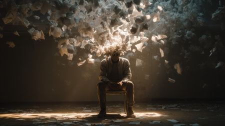 A striking image of a person sitting quietly on a chair, surrounded by a whirlwind of flying papers, symbolizing chaos, creativity, and emotional turmoil.の素材