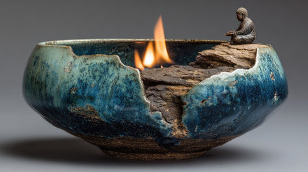 This stunning fire bowl features a tranquil Buddha figurine and natural elements, creating a serene atmosphere perfect for meditation and relaxation.の素材