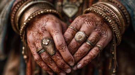 A captivating close-up of hands showcasing stunning henna designs and intricate jewelry. This image reflects cultural beauty and artistic expression through traditional adornments.の素材