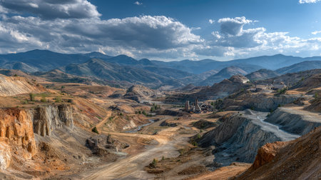 A stunning panoramic view of a mining landscape showcasing rugged mountains, colorful earth tones, and a dramatic sky filled with clouds, ideal for industry themes.の素材