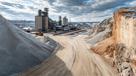 A stunning view of a mining operation showcasing large piles of gravel and sand under a dramatic cloudy sky. Heavy machinery is seen in the distance, emphasizing industrial activity in the natural landscape.の素材