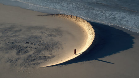A captivating beach landscape features a unique curved sand formation, with a solitary figure against the calming ocean waves at sunrise.の素材