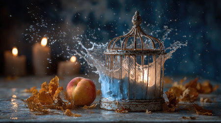 A stunning still life featuring a vintage birdcage with a splash of water, an apple, and dried leaves, all illuminated by soft candlelight, creating a serene atmosphere.の素材