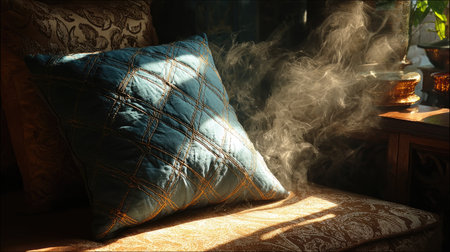 This captivating image features a soft blue pillow resting on an ornate surface, illuminated by warm sunlight, creating a serene atmosphere.の素材