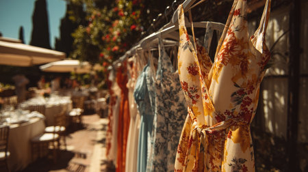 A stunning display of elegant summer dresses in various floral designs hanging in a beautiful garden, ready for an outdoor event. The decor and setting reflect a charming atmosphere, perfect for celebrations and gatherings.の素材