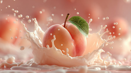 A charming composition featuring a fresh peach splashing into creamy liquid, showcasing vibrant colors and soft textures, perfect for food lovers.の素材