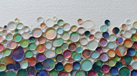 This stunning abstract art piece showcases colorful glass droplets arranged on a textured background, creating a vibrant and captivating visual experience.の素材