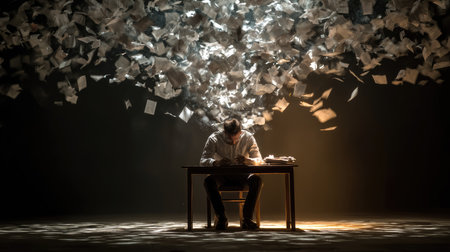 A contemplative man sits at a desk surrounded by swirling papers, capturing the essence of overwhelm and creativity in a visually striking scene.の素材