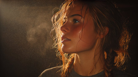 A captivating portrait of a young woman captured in low light, showcasing her tranquil beauty with wet hair and a gentle expression amidst a misty ambiance.の素材