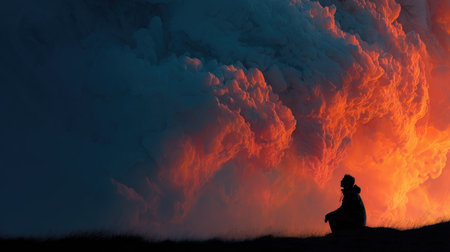 This breathtaking image captures the dramatic sunset over a volcanic eruption, featuring a silhouette of a person in awe of nature's raw power and beauty.の素材