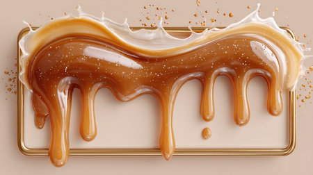 A stunning image of rich caramel sauce elegantly splashing on a metallic tray, showcasing glossy drips and a luxurious texture, perfect for culinary inspiration.の素材