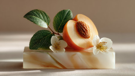 A beautiful still life composition featuring fresh peach slices adorned with lush green leaves and delicate white flowers, elegantly set on a marble background.の素材